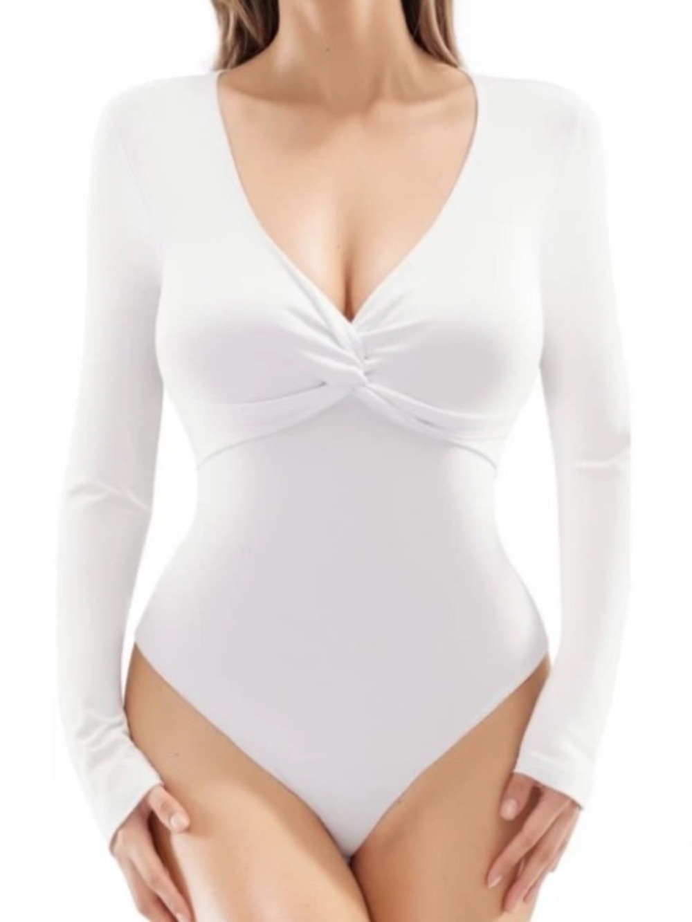 MANGOPOP long sleeve v neck bodysuit featuring a twisted knot detail at the bust